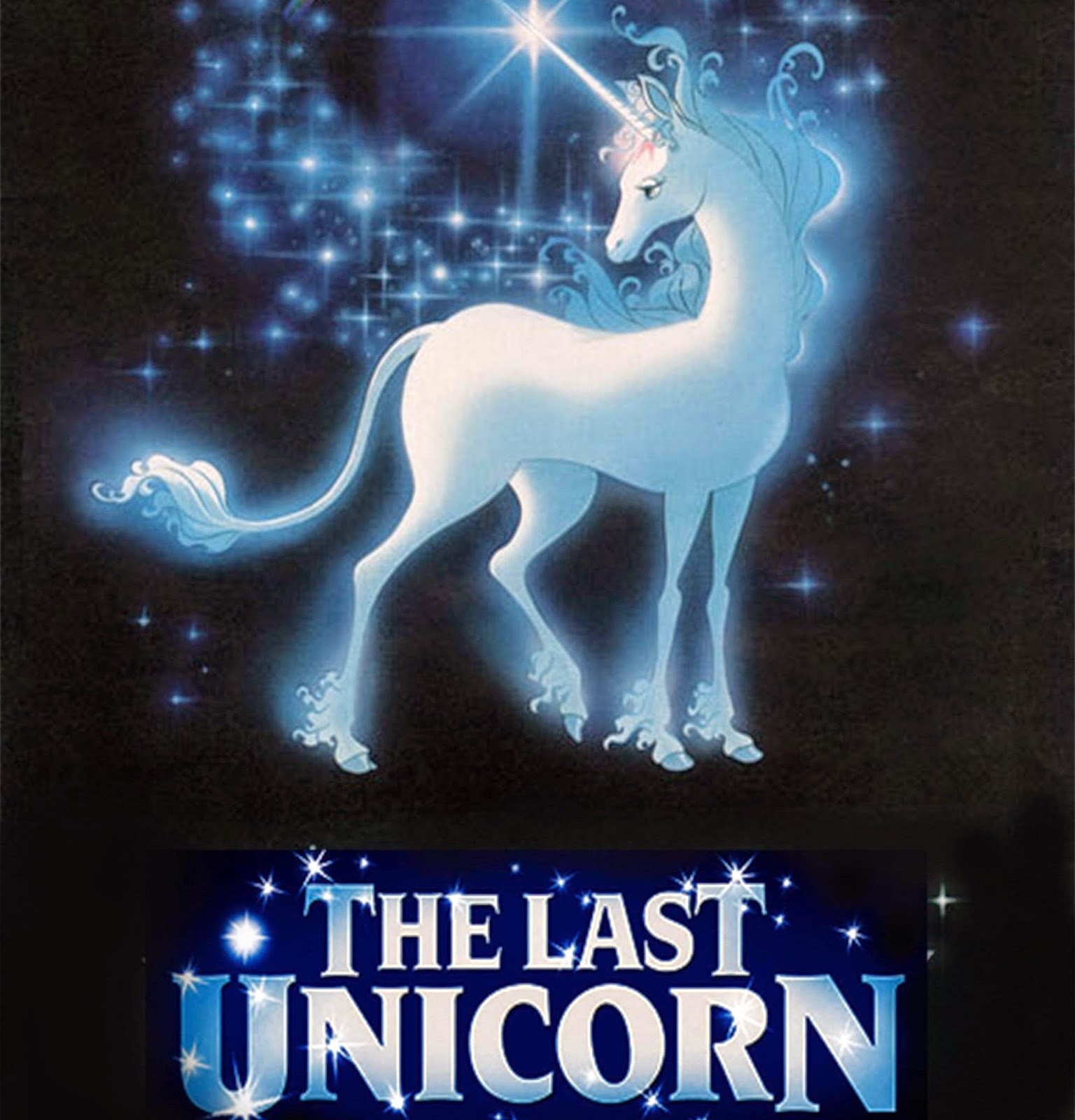 the image is a poster for the animated movie "the last unicorn." it features a white unicorn with a silver horn, standing against a black background with blue stars and sparkles. the unicorn is facing the left and its horn is pointing up, as if it is about to be touched by a star. the text "the last unicorn" is written in white and silver letters on the bottom of the poster. the image is classic and evokes a sense of magic and wonder.