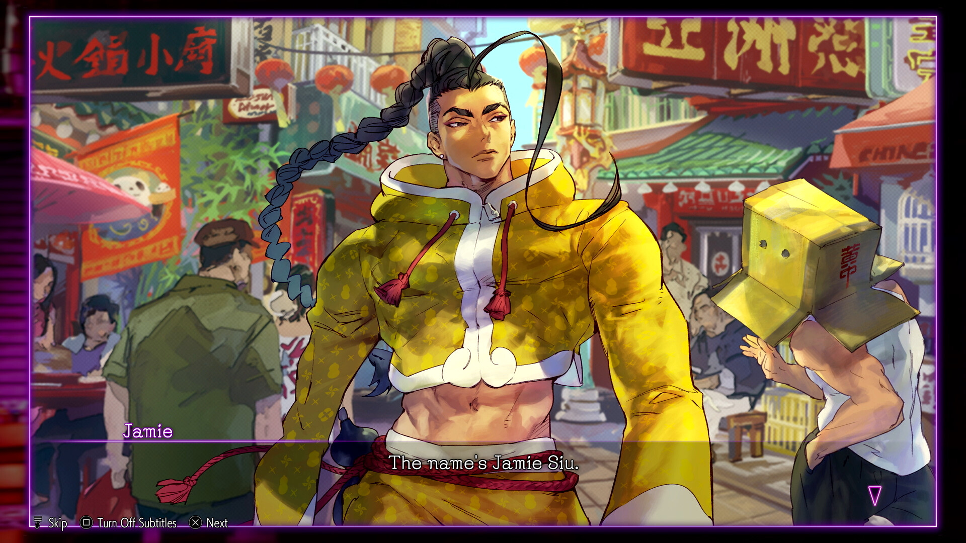 an anime style man with yellow hoodie and dark hair is standing in a city street. he is looking away from the camera. there is a box man next to him and some other characters in the background. the dialogue box says "the name's jamie siu".  the scene is set in a asian city with lots of chinese characters and red lanterns.