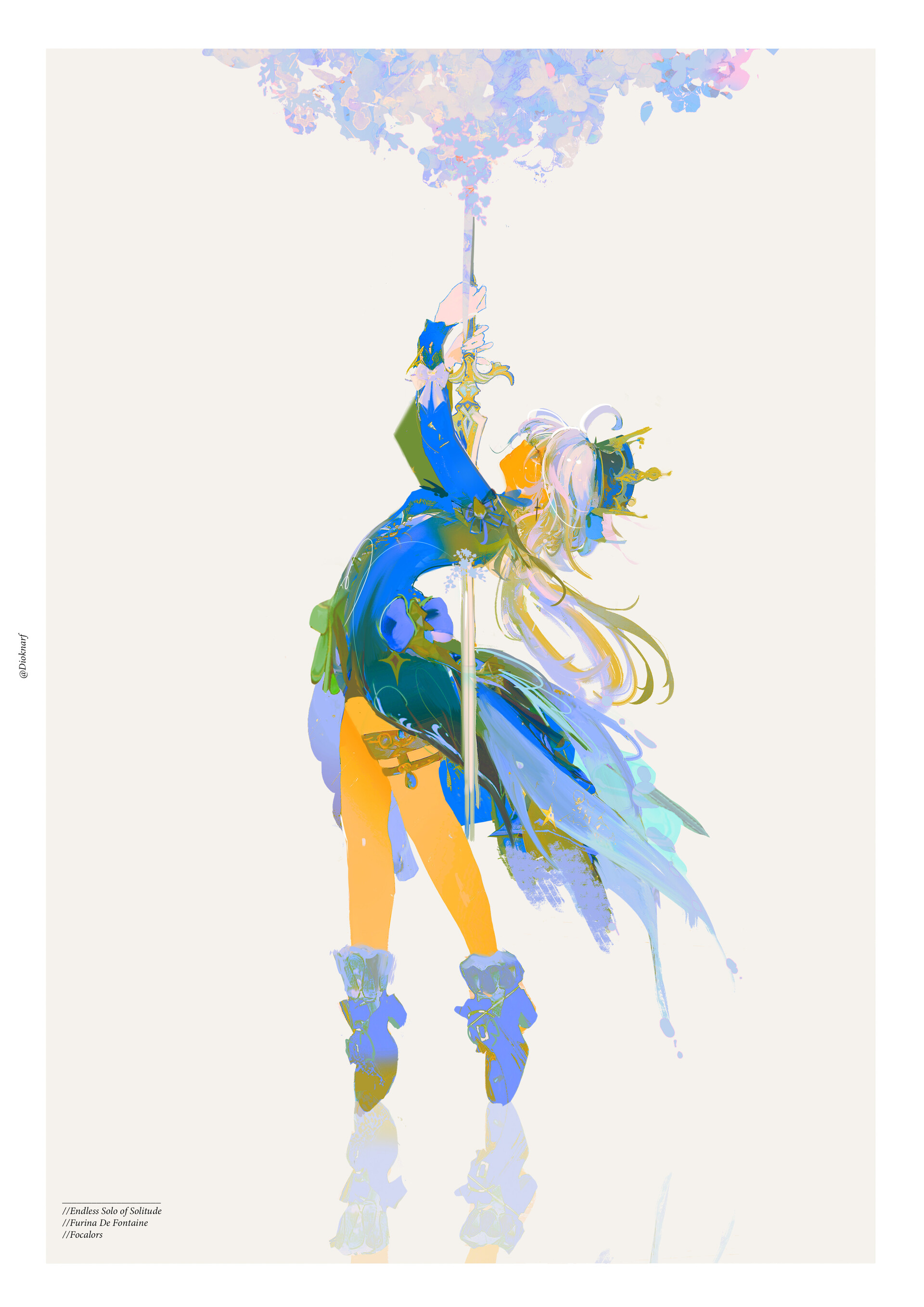 a digital illustration of an anime girl in a blue dress and a crown, hanging on a sword with a floral background.