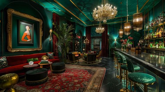 a luxurious, dimly lit bar with green velvet couches, chairs and bar stools. the walls are a deep green with gold accents. there are ornate chandeliers and lamps throughout the space. a painting hangs above the couch, and a bar area with bottles of liquor and glasses is visible in the background. the floor is covered in a red and green patterned rug.
