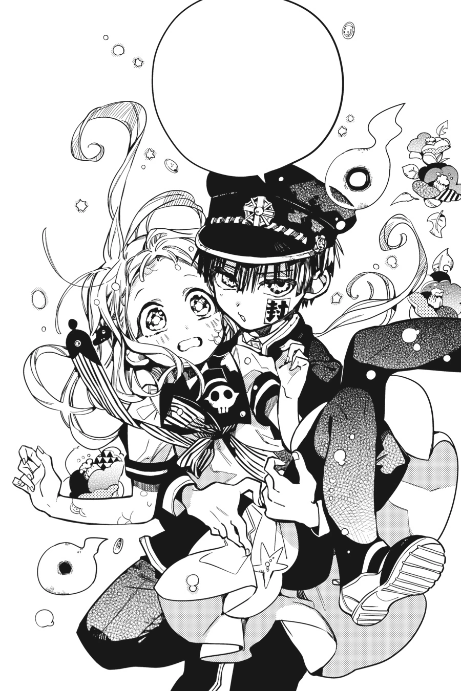 the image features an anime couple, a young girl and a boy, floating in the air among clouds and spirits.  the girl is wearing a sailor uniform with a large bow on her head.  she is smiling and holding the boy, who is wearing a military uniform and a hat. they are both looking at each other with love and affection. the image is in black and white and has a very romantic and cute feel.