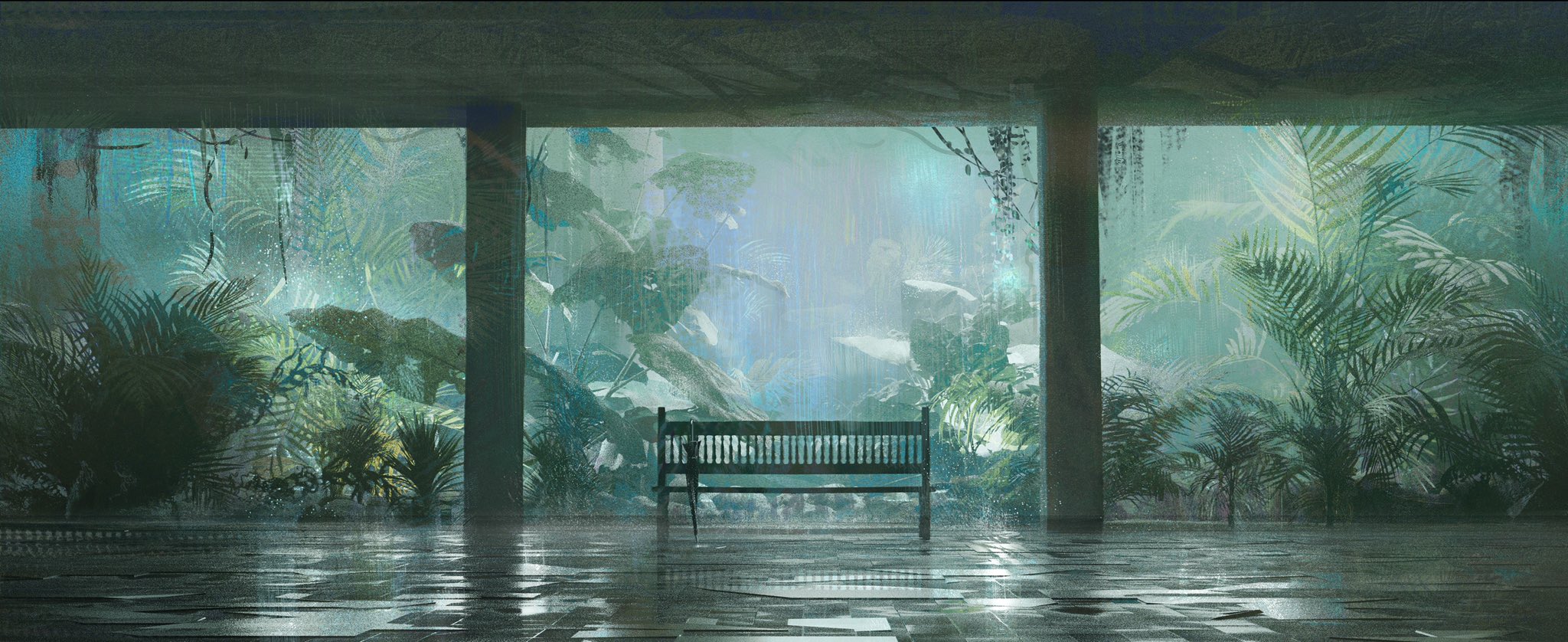 a digital painting depicts a serene scene of a park bench sitting under a covered area amidst a lush, tropical jungle.  the scene is set during a gentle rain, and the atmosphere is moody and dreamlike. the greenery is dense, with various types of tropical plants visible, and the rain creates a glistening wet surface on the ground. the architectural elements are simple and blend seamlessly with the natural setting. the overall color palette is muted greens and blues, adding to the peaceful and atmospheric ambiance. the image has a slightly painterly feel, suggesting digital art mimicking traditional painting techniques.