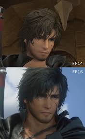 the image shows a sidebyside comparison of a male character's appearance in final fantasy xiv (ff14) and final fantasy xvi (ff16). the top half of the image displays the character's look in ff14, set against a brown, indoor background. the bottom half presents the character as he appears in ff16, against a blue, outdoor backdrop. both images showcase the character's head and shoulders. the character shares the same hairstyle, color hair, facial scar, and generally the same facial expression.
