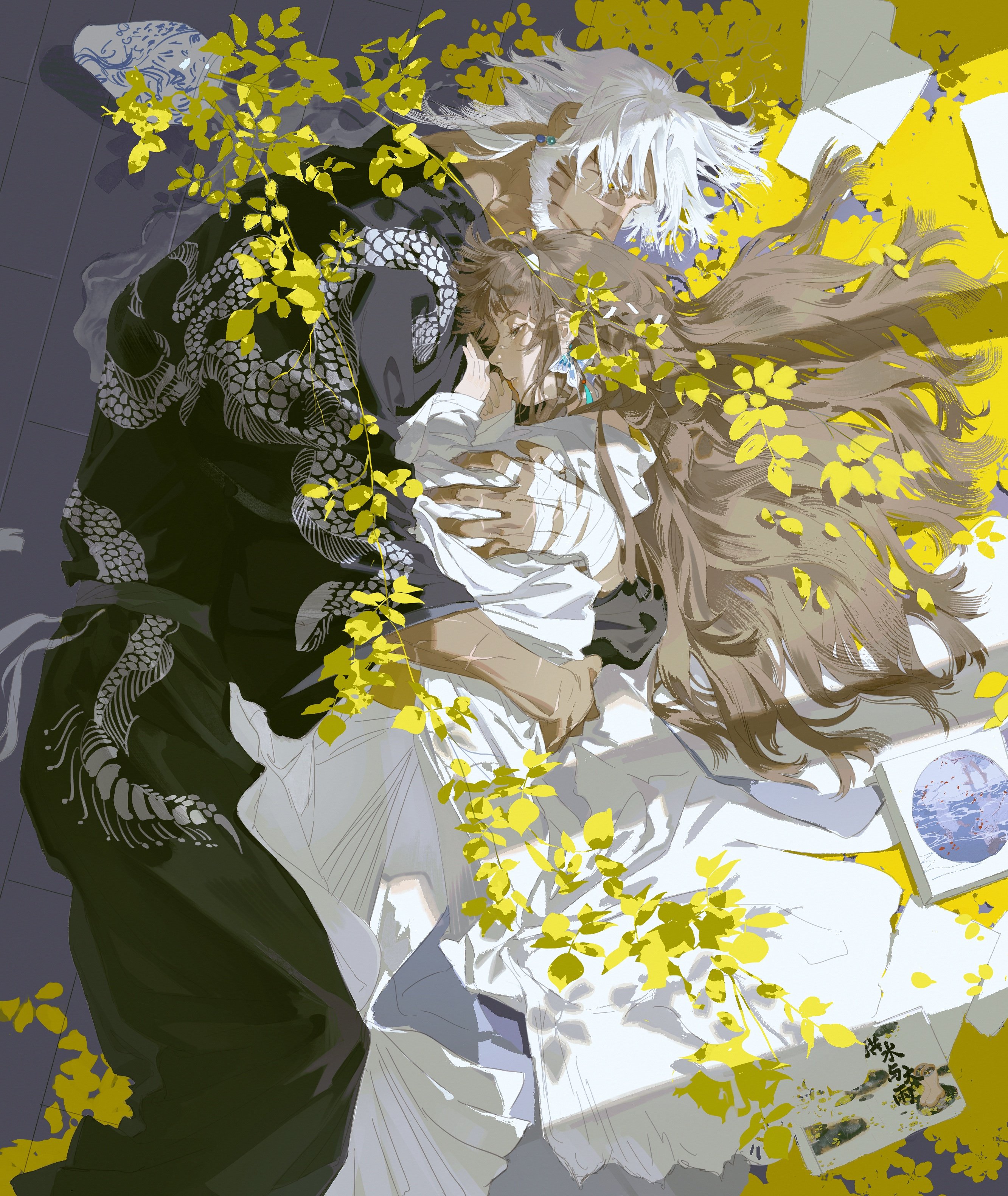 an anime couple is embracing and sleeping together surrounded by yellow flowers. the woman is wearing a white dress and the man is wearing a black and white outfit. the flowers are covering the couple and the background. the artwork is digital and features detailed lines and shading.