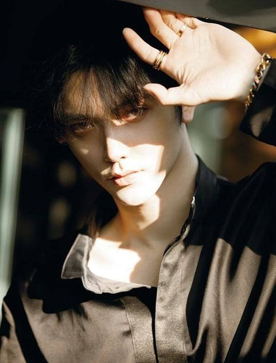a closeup portrait of a young man with black hair and a stylish, androgynous look. he's wearing a dark, silky shirt and multiple rings. the man is illuminated by natural sunlight streaming through a window or opening above, creating distinct shadows across his face and hand, which is raised to shield his eyes. the background is intentionally out of focus, drawing attention to the subject.