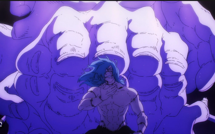 the image is a stylized drawing of a muscular man from an anime.  he is shirtless and grinning intensely at something unseen in the dark background. glowing purple energy surrounds him, taking the shape of four large fists coming from above. the image uses dramatic lighting and a worm's eye view to make the subject appear powerful.