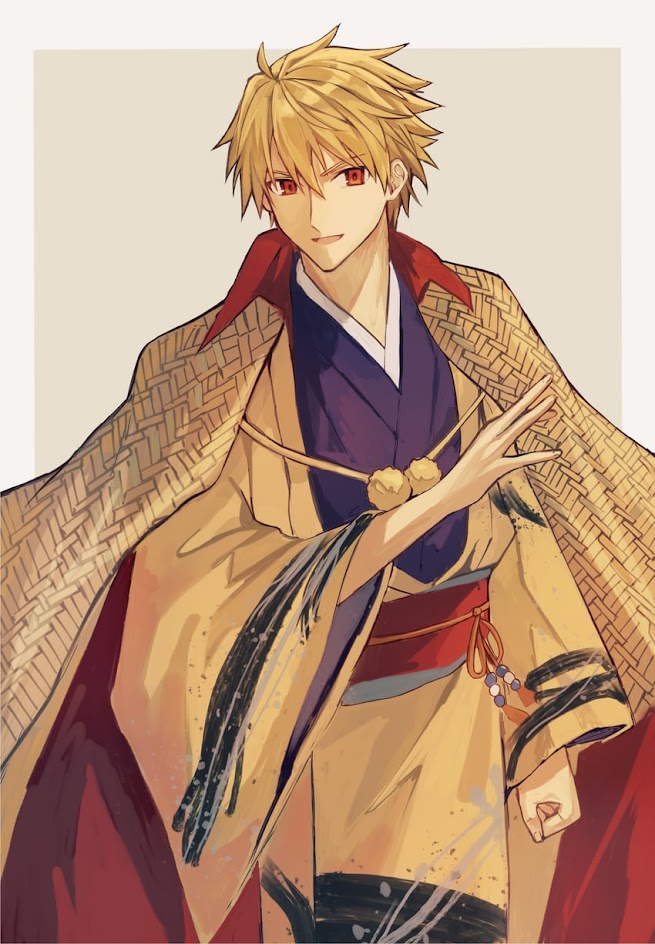 an anime character with blonde hair and red eyes is standing in a traditional japanese kimono. he is looking at the viewer with a serious expression. his left hand is outstretched toward the viewer. the character is surrounded by a detailed background that suggests he is in a traditional setting. the artwork is highly detailed and wellexecuted.