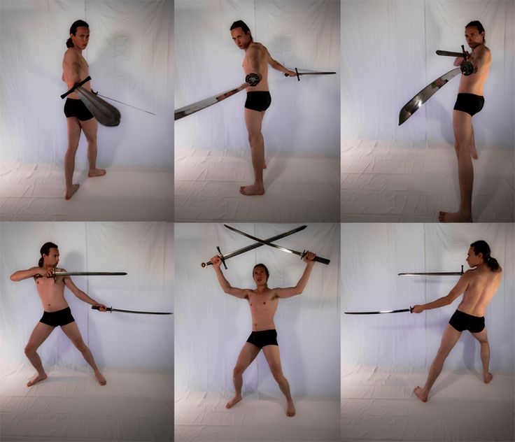 six images of a muscular man in different poses. each pose depicts the man wielding one or two swords, showing how to hold and use them in combat.