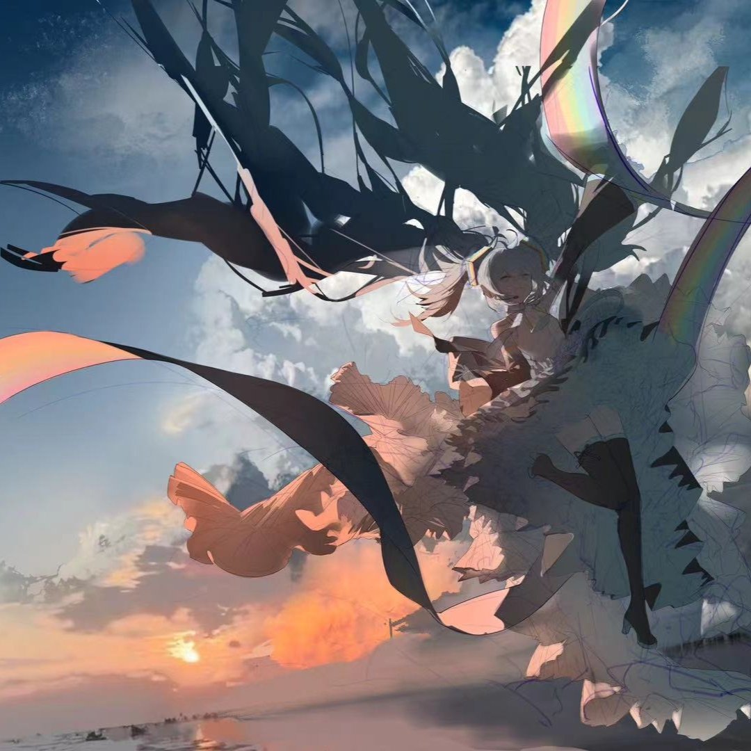 the image is a vibrant digital painting or illustration in the style of anime or manga.  it depicts a young woman with long, dark hair that flows dramatically in the wind, almost like dark ribbons or fabric. she is wearing a flowing, lightcolored dress which contrasts with her darker hair. she appears to be floating or flying amidst a stunning landscape of clouds and a sunset sky. a rainbow is partially visible, adding to the fantastical atmosphere. the overall style is highly stylized and expressive, with a focus on movement and emotion. the artwork seems to convey a sense of freedom, perhaps even transcendence, through the girl's posture and the fluid nature of the elements around her.  there's a visible layer of sketching and unfinished elements, suggesting a work in progress.