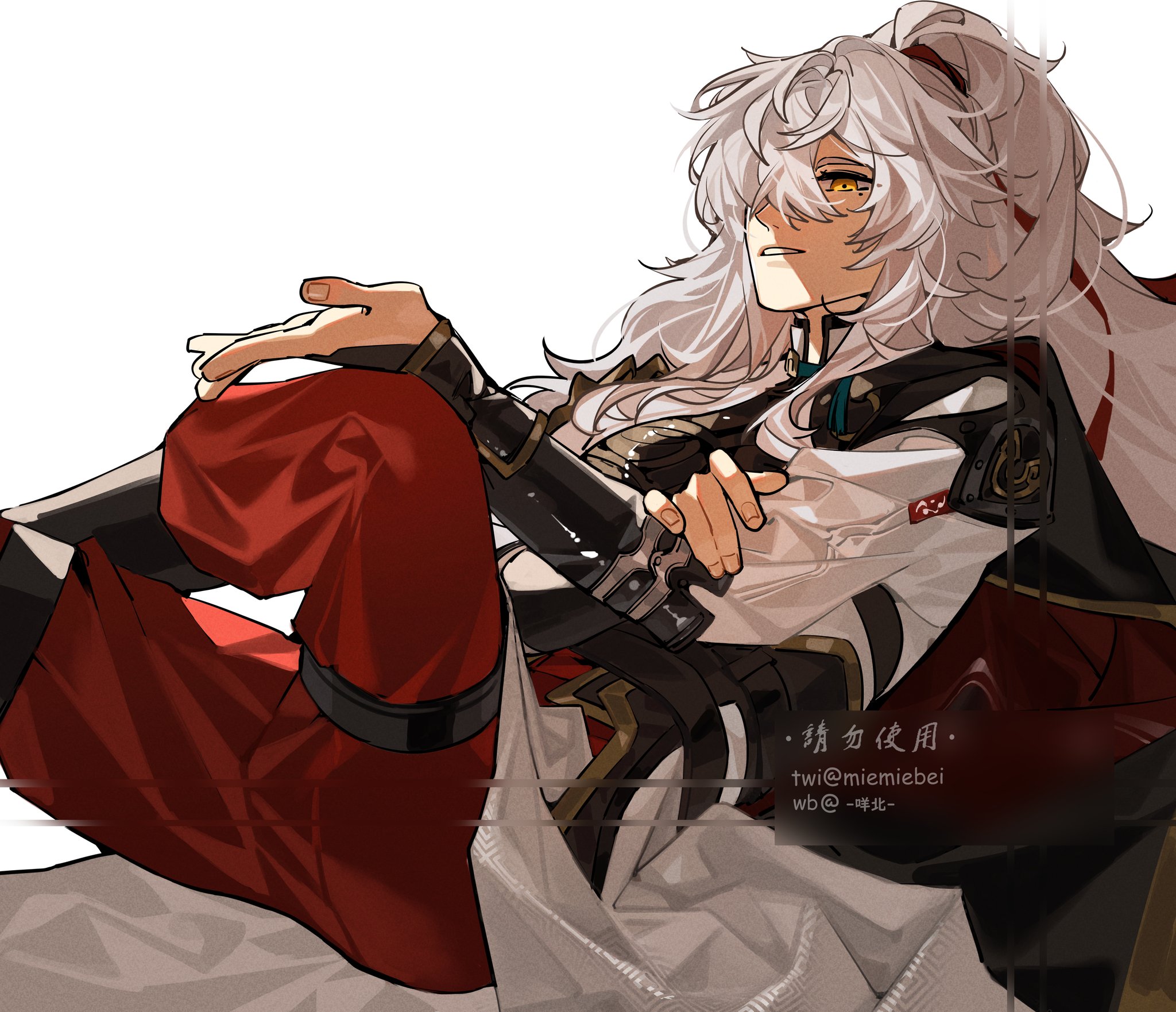 an illustration of an anime girl sitting on a white surface, with a casual pose, looking to the side with relaxed expression, with long white hair, red and white clothing and white gloves, and holding a sword, all rendered in a stylized cartoon anime art style.