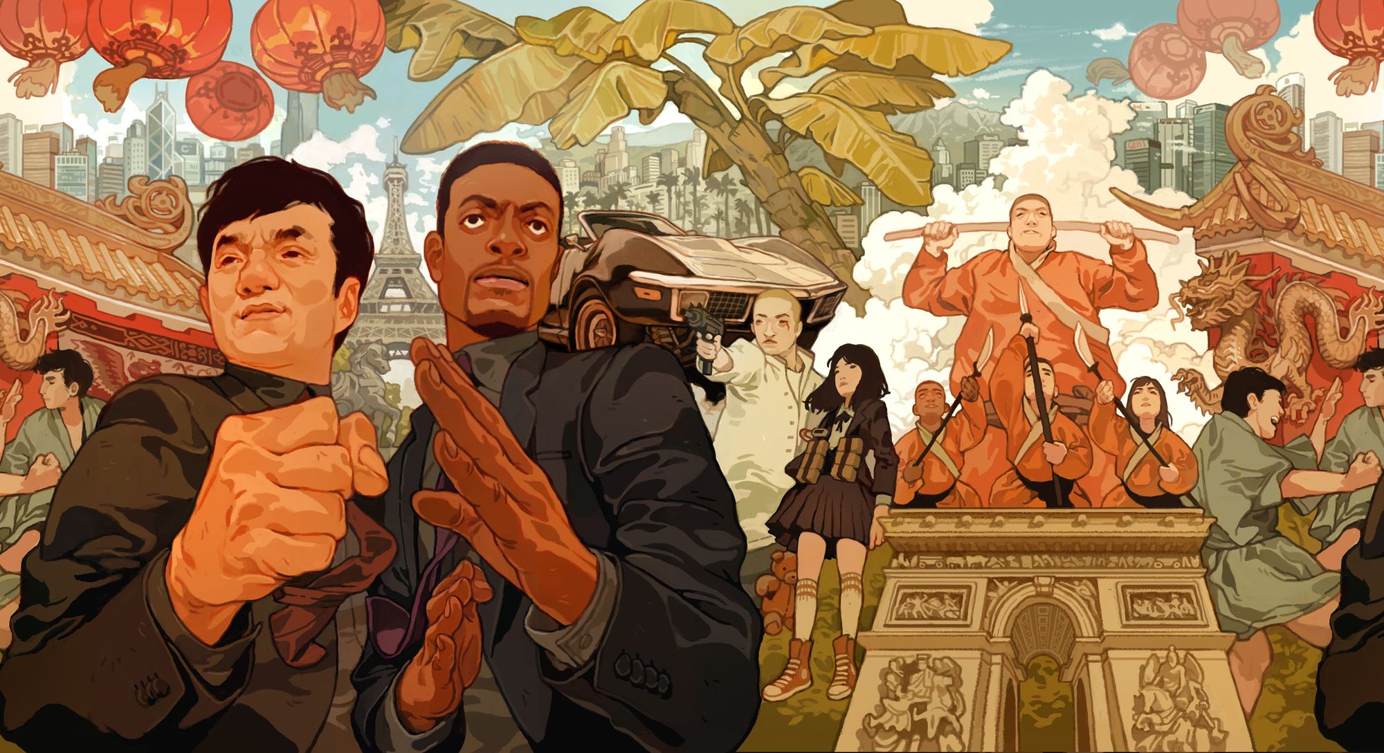 this is a vibrant illustration of a poster showcasing a group of people, likely characters from a martial arts movie, in a dynamic and actionpacked scene. the artwork features various asian and other characters, some engaged in fighting poses, others looking determined. they are set against a colorful urban backdrop that blends traditional chinese elements, like a dragon sculpture and red lanterns, with western elements like a parisianstyle archway and a vintage car. the illustration uses bright colors and dynamic lines to create a sense of excitement and energy.