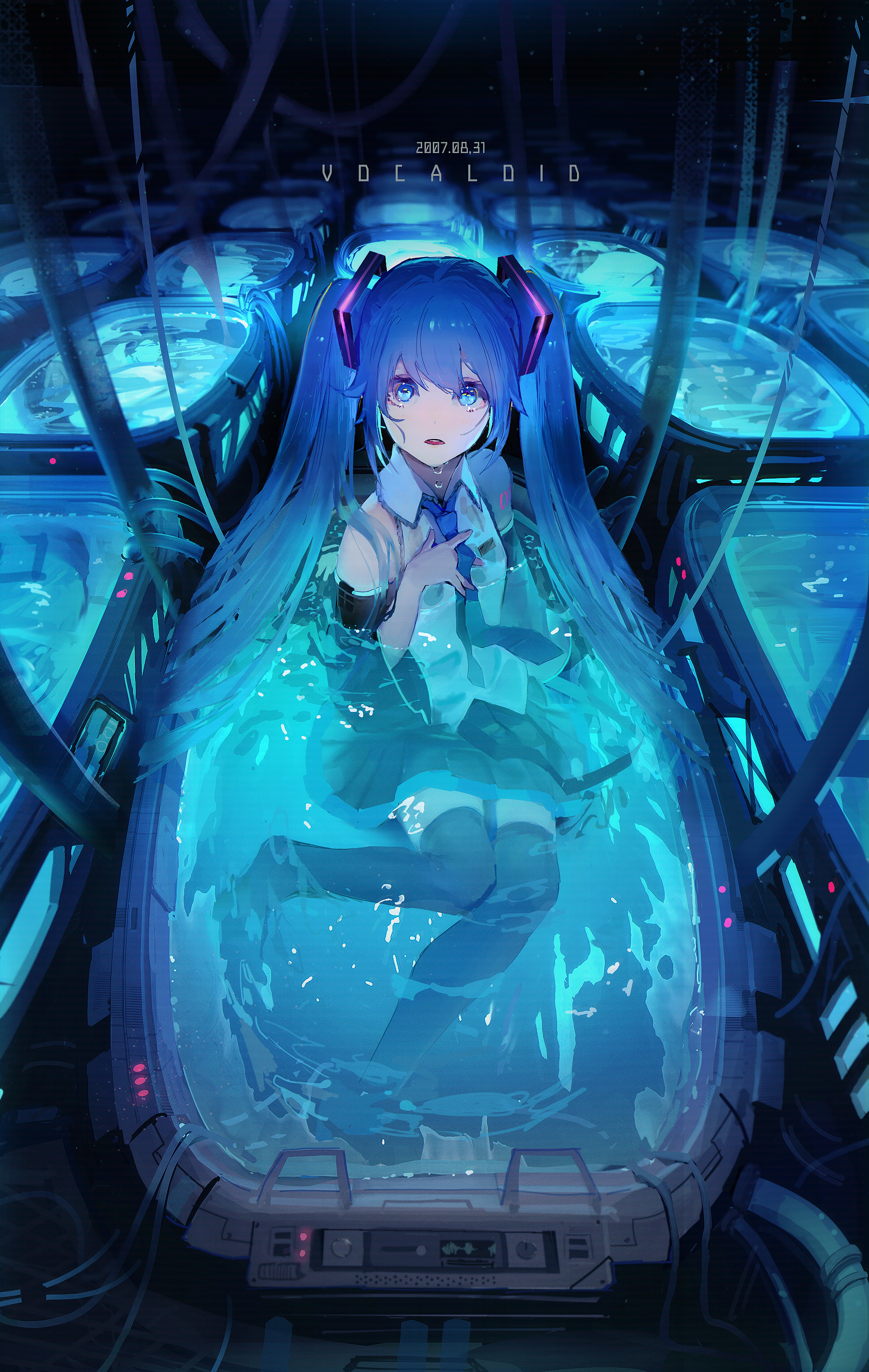 the image depicts hatsune miku, a vocaloid character, submerged in a tank filled with water. she has her signature blue hair styled in twin tails and is wearing a white shirt with a blue tie. the scene is futuristic, with tubes and wires connecting to the tank, suggesting a laboratory or scifi environment. text at the top reads "2007.08.31 vocaloid".