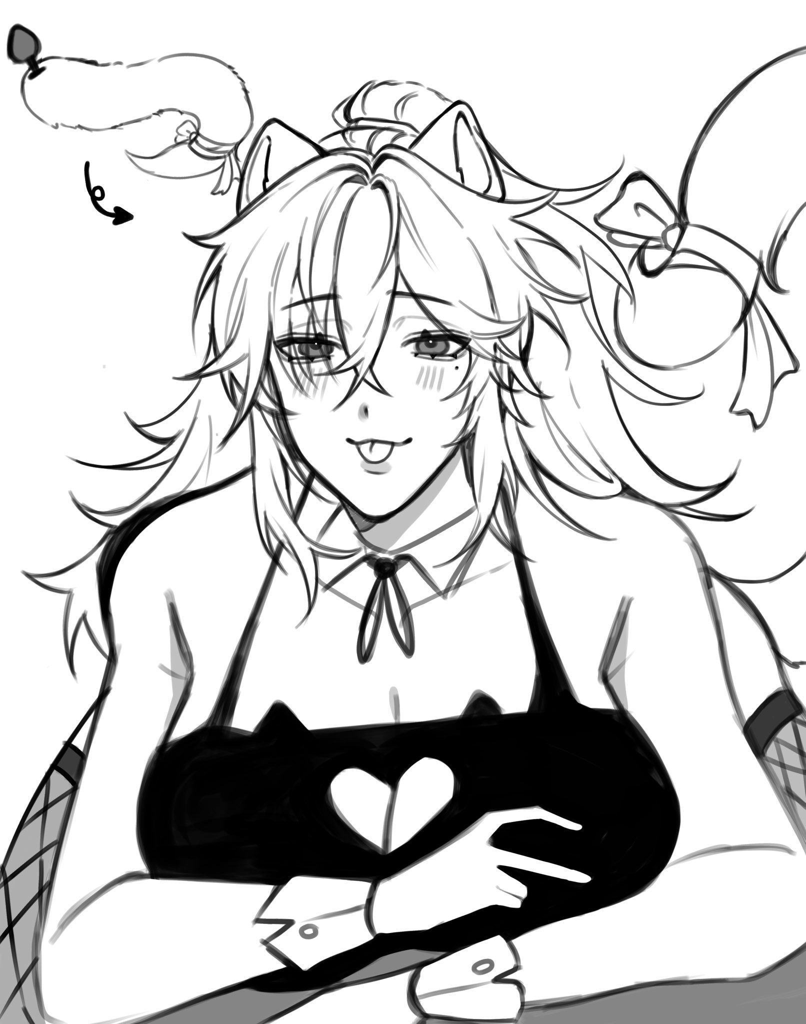 a black and white drawing of an anime girl with cat ears, a black dress, and a mischievous smile. she is blushing and has a cute expression on her face. she is looking at the viewer and has her arms crossed in front of her. the drawing is done in a manga style and has a lot of detail.