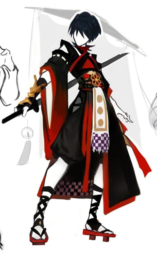 the image is a stylized character design illustration, likely concept art for an anime or video game. the character is a young man with dark hair, dressed in a blend of traditional japanese clothing and fantasy elements. he wears a black and red kimonolike garment with gold accents, and carries a sword. his footwear resembles geta sandals. the style is dynamic, with a focus on movement and action. the background includes some rough sketches, suggesting this is a workinprogress.  the overall aesthetic is dark and dramatic, hinting at a powerful or mysterious character.