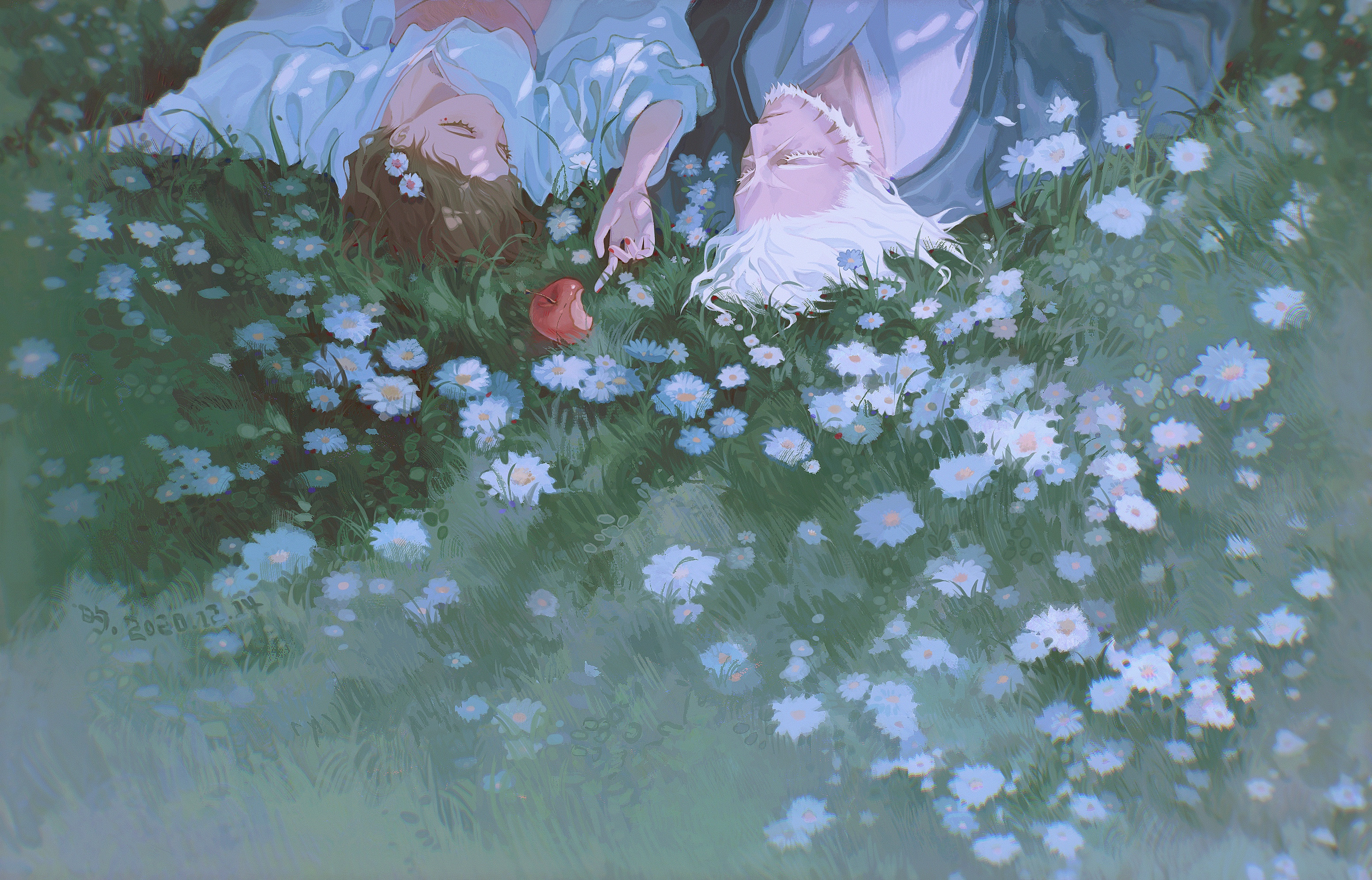 the image is a beautiful illustration of two people sleeping in a field of flowers. they are both laying down on their backs, with their heads close together. the woman is wearing a white shirt and has long, dark hair. the man is wearing a blue shirt and has long, white hair. the field is full of white and blue flowers, and there is a red apple laying near the woman's hand. the image is very peaceful and serene, and it evokes a sense of tranquility and calm.