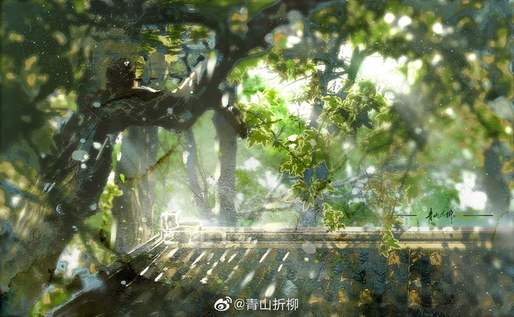 the image is a digital painting or illustration depicting a serene landscape scene.  the focus is on a view through a lush canopy of green leaves and branches, with sunbeams filtering through.  the leaves are slightly blurred, creating a soft, dreamy effect.  part of an old, weathered roof or building structure is partially visible in the foreground, suggesting a garden or courtyard setting. the overall style is impressionistic and whimsical, blending realistic elements with artistic liberties in color and texture. the light and shadow play adds depth and contributes to the peaceful and ethereal atmosphere. the use of light and color evokes a sense of tranquility.