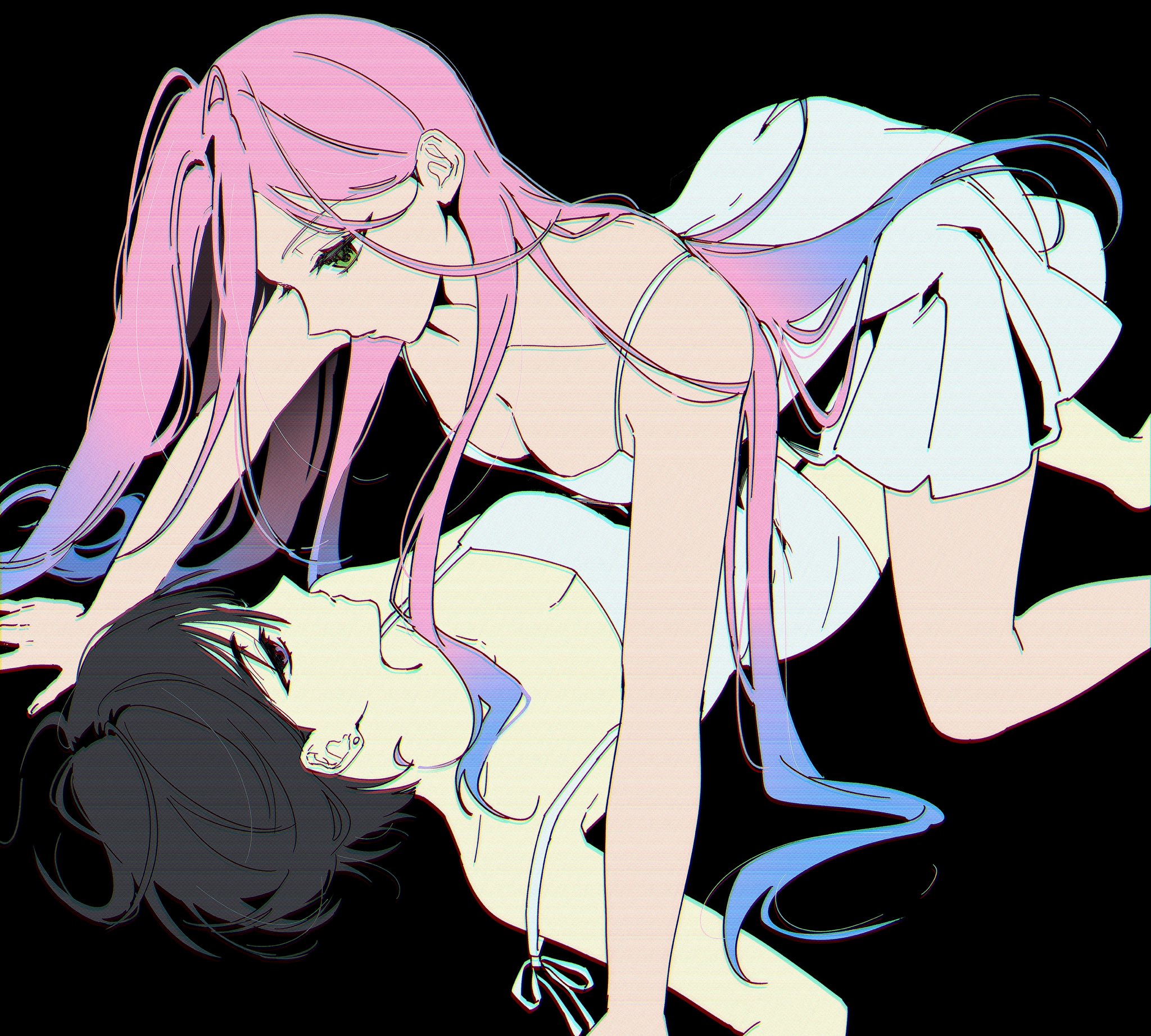 an illustration of two anime girls, one with pink hair and one