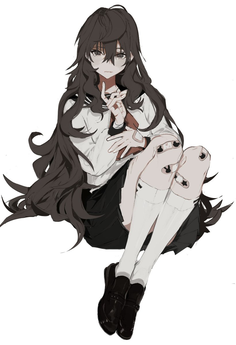 the image is a digital illustration of an anime girl with long black hair. she is wearing a white shirt, black skirt, white socks, and black shoes. she is sitting with her legs crossed and her head down, looking sad and depressed. the overall aesthetic of the image is grunge and minimalist.