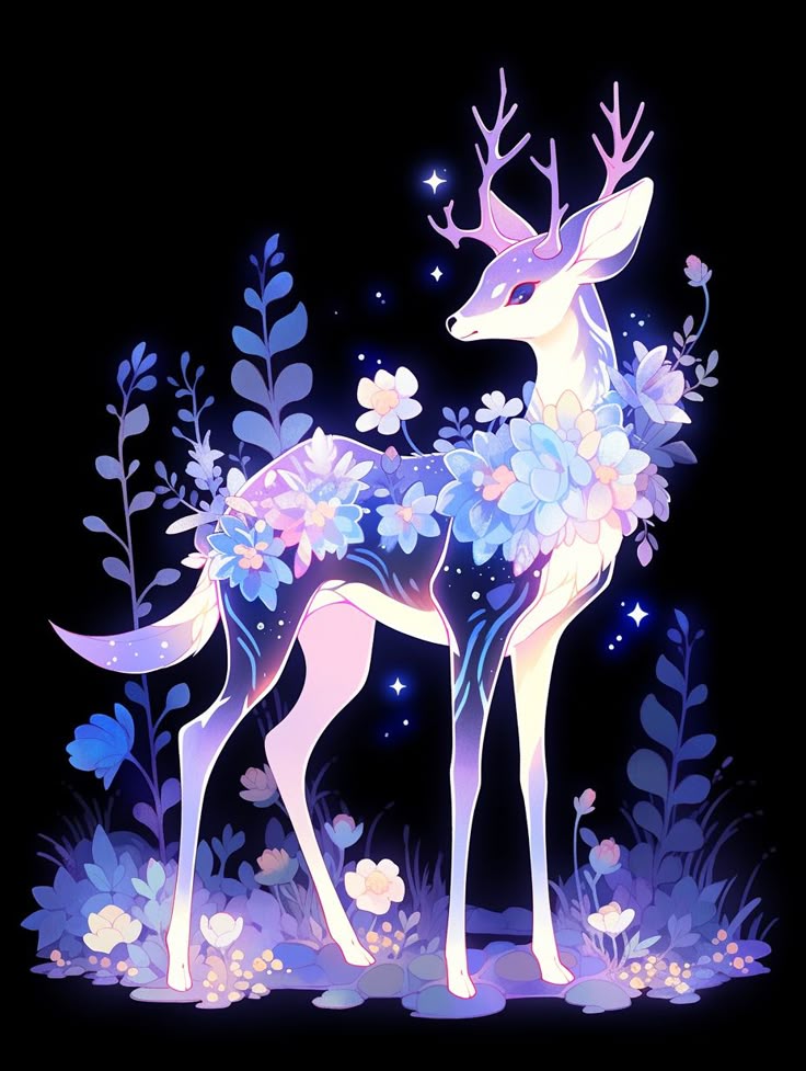 a whimsical illustration of a deer surrounded by various flowers and glowing elements. the deer has a lavender head and antlers, and its body is adorned with blue and white floral patterns. stars and other glowing effects add to the ethereal and magical feel of the artwork. the deer stands amidst a variety of plants and flowers in a muted palette of blues and whites against a black background.