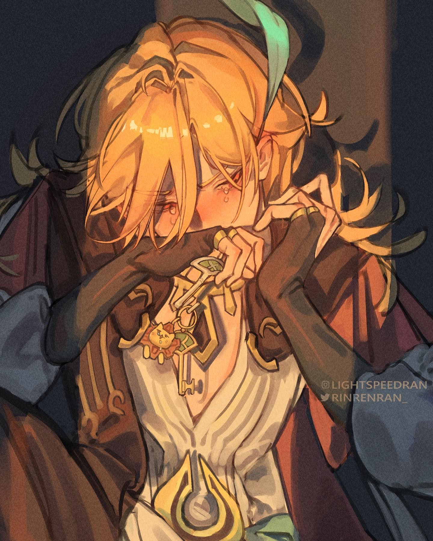 a closeup digital painting of albedo from genshin impact. he is depicted with blond hair, his face partially obscured by his hands, and he appears to be crying. he wears an elegant outfit with a necklace featuring keys and a small charm. the artwork is in a soft, warm color palette with a detailed style and emotional expression. the background is dark and blurry, focusing attention on the character.  the artist's watermark is visible in the bottom right corner.