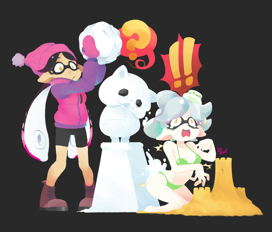 this image shows a drawing of three characters from the video game splatoon. the two main characters are girls, one is a squid girl (inkling) and the other is an octopus girl (octoling). the inkling girl is wearing a pink jacket, black shorts, and white boots. she is holding a snowball and is looking at the camera. the octoling girl is wearing a green bikini and is building a sandcastle. she is looking surprised and excited. between them is a snowman with a question mark on its head. the characters are set against a black background, with a red exclamation point bubble behind the octoling girl. the image has a cute, cartoonish style and is drawn digitally.