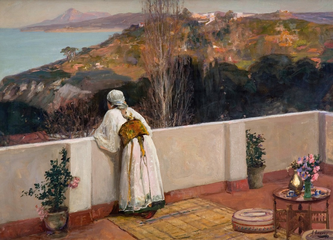 a painting depicts a woman standing on a terrace, overlooking a landscape with the sea and mountains. she is wearing a white dress and headscarf, with a colorful sash or belt. on the terrace, there are potted plants, a table with flowers, pottery, and a cushion on an oriental rug. the view includes the coastline and a mountain in the distance.