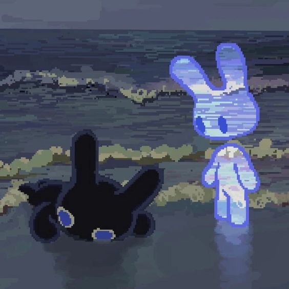 a digital cartoon drawing of a blue rabbit with black eyes and a black bunny with blue eyes standing in the water.  the background is a sea or ocean.  the style of the drawing is pixelated.