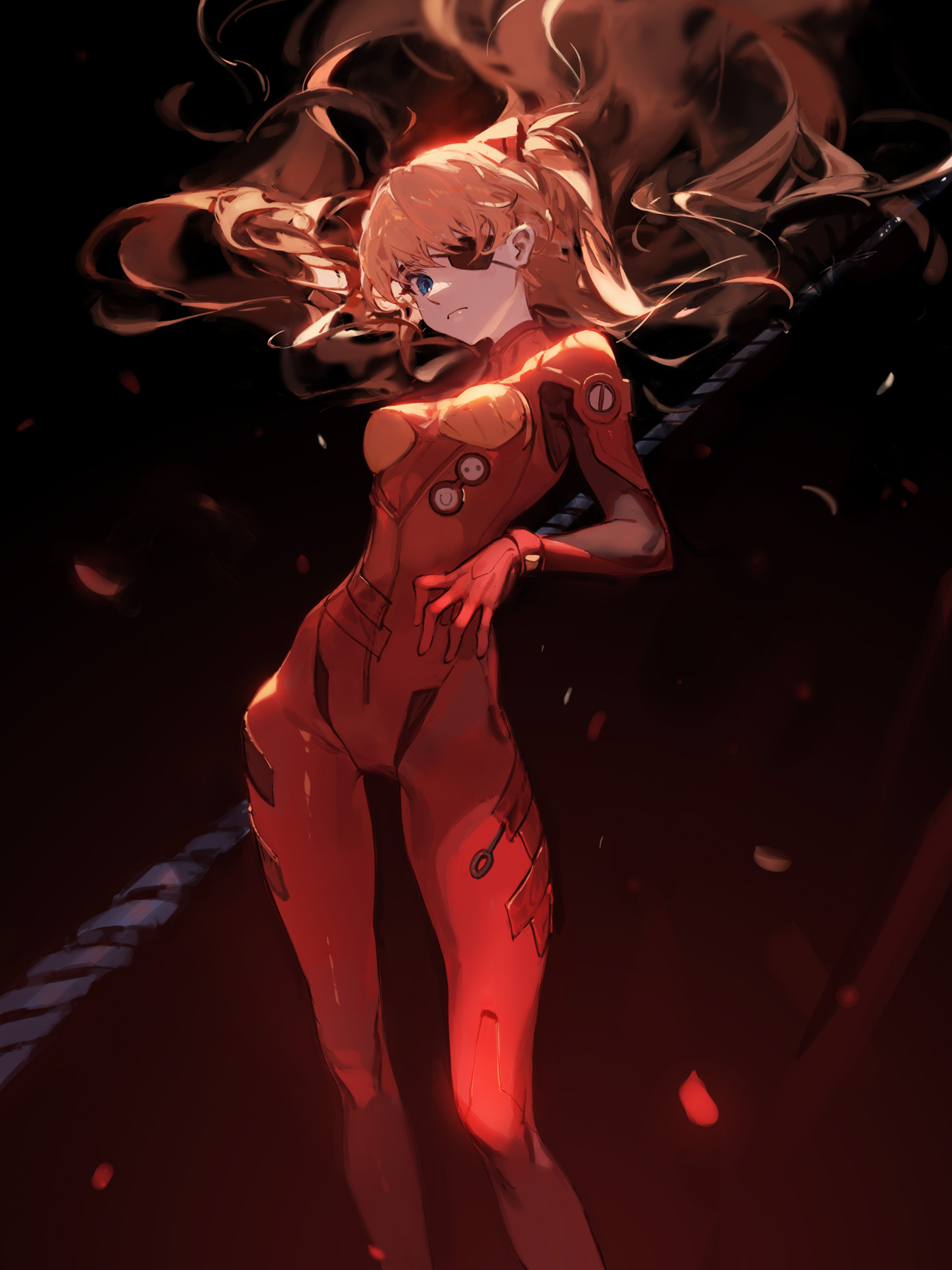 the image is a stylized digital painting or illustration of a female anime character, strongly reminiscent of asuka langley soryu from neon genesis evangelion.  she has long, flowing red hair, an eyepatch covering her left eye, and is wearing a red, formfitting pilot suit or jumpsuit with detailing suggestive of mecha anime.  she's posed dramatically, almost languidly, against a dark background with red highlights and shadowy areas, creating a moody and atmospheric effect. the style is painterly and somewhat loose, emphasizing the character's emotion and presence rather than fine detail.  there's a dark, somewhat ropelike object diagonally behind her adding to the mysterious setting.