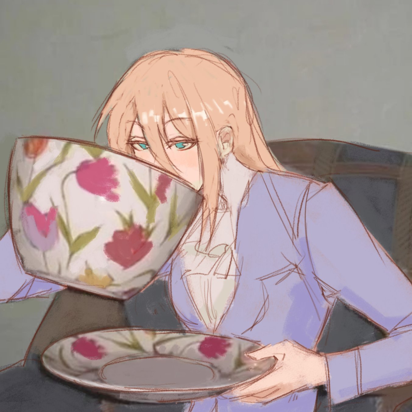 the image is a digital drawing or illustration of a young woman, styled in an anime or manga aesthetic. she has long blonde hair and is partially obscuring her face with a large, floralpatterned teacup which she is drinking from.  she is wearing a light purple jacket or blazer and appears to be relaxed and at home, possibly enjoying a cup of tea. the art style is soft and slightly sketchy, using pastel colors.  the focus is on the woman and her action of drinking from the teacup.