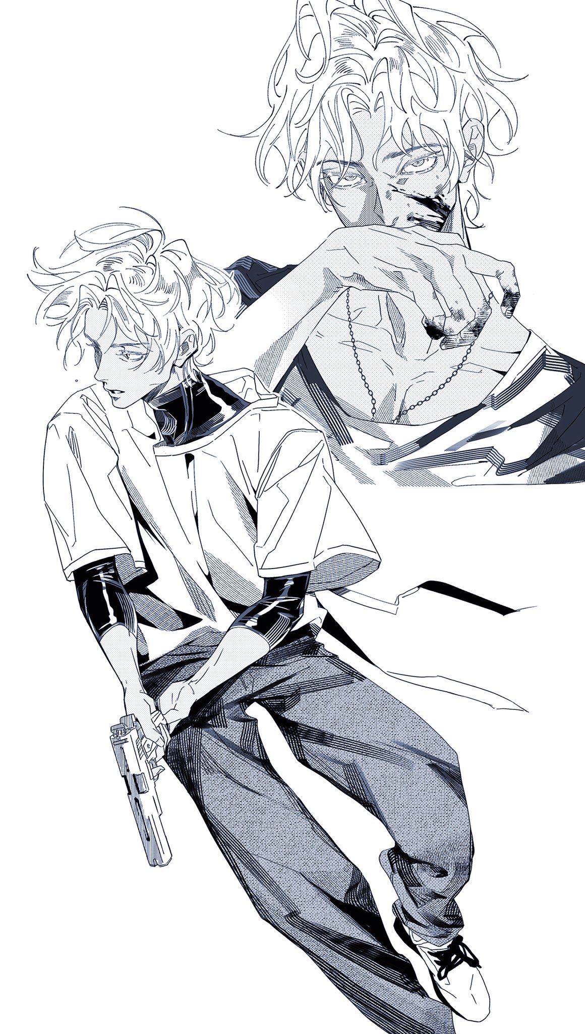 an illustration of a young male anime character with white hair and a white shirt, holding a gun in his hand. he is wearing jeans and sneakers, and has a serious expression on his face. the art style is black and white and features a lot of detail.