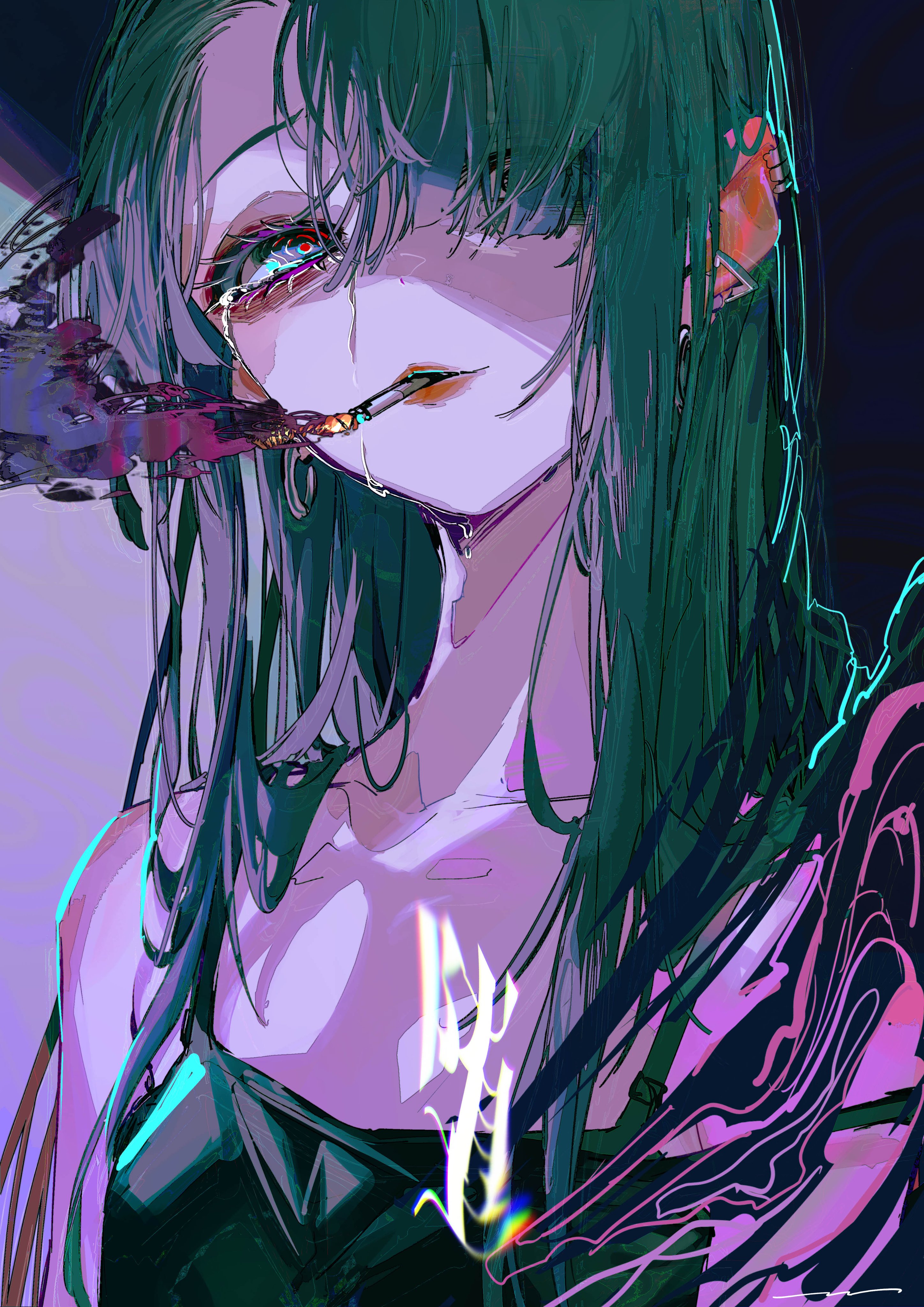a digital illustration of an anime girl with long green hair. she is wearing a black outfit and has a sad expression on her face. she is crying and has a cigarette in her mouth. the image is stylized with a cyberpunk aesthetic and has a dark and moody color palette.