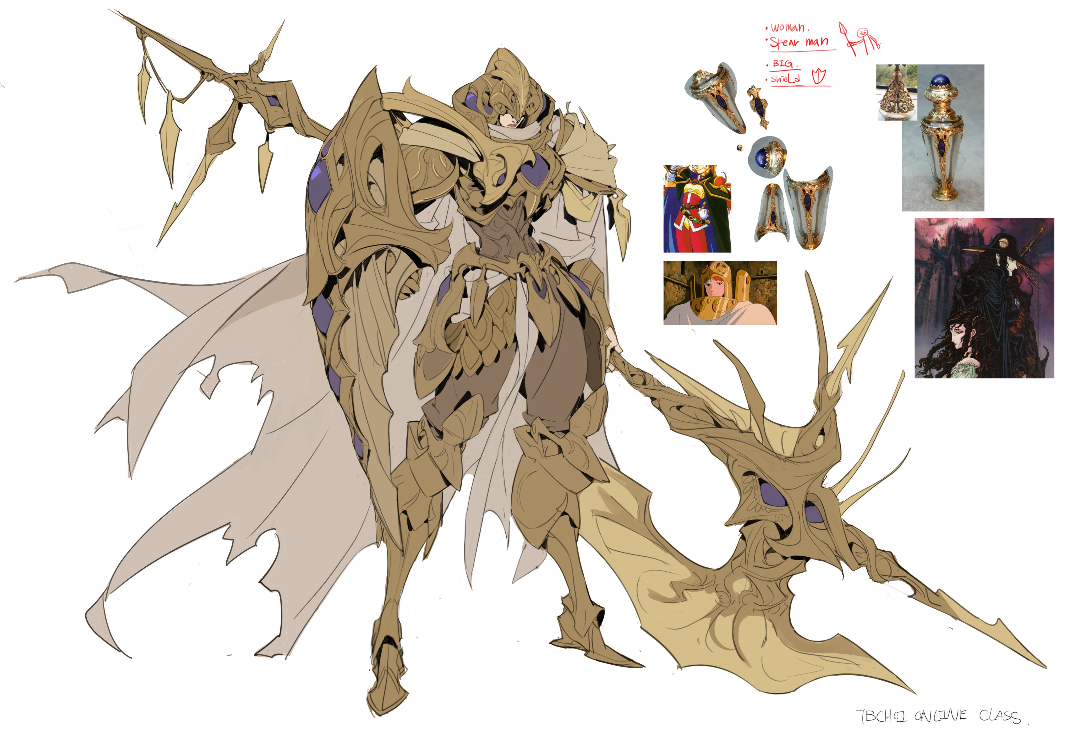 this image is a detailed concept art piece showcasing a fantasy character design.  the central figure is a warrior clad in elaborate, goldtoned armor, wielding a large, ornate spear.  the armor is highly detailed, with intricate designs and textures.  the character is draped in a tattered cape and wears a helmetlike headpiece. the art includes several reference images: smaller illustrations showing different aspects of armor designs, a bottle, and animestyle character sketches which appear to be for inspiration.  the style is a blend of fantasy and anime aesthetics, showing careful consideration of details and visual storytelling.  handwritten notes indicate "woman", "spear man", "big", and "shield" as design considerations. the bottom right shows the text "tbchi online class", suggesting this is possibly student work or a class project.