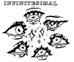 the image is a black and white illustration titled "infinitesimal". it features a circular arrangement of stylized eyes, all seemingly looking inwards towards a central point. small, fourpointed stars surround the center, emphasizing the focal point. the eyes have a sharp, angular design and are drawn in a cartoonish style.