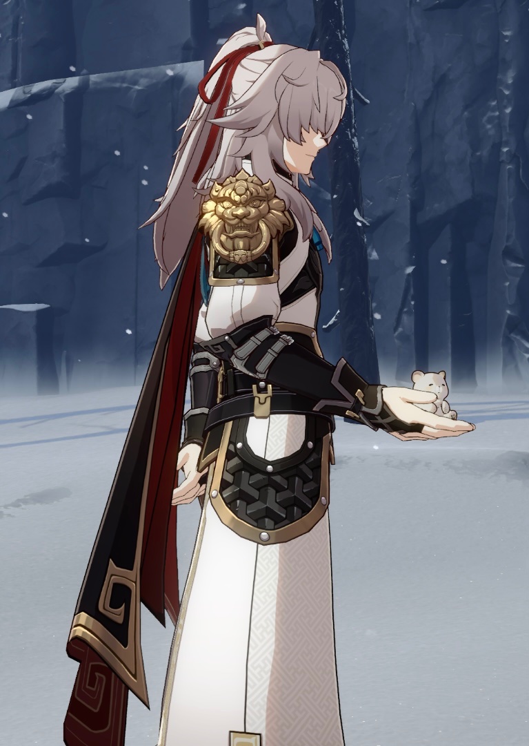 this image shows a male character from the video game genshin impact. the character is anime style and has long white hair tied up with a red ribbon. he is wearing white clothes with black armor and gold trim. he is holding a small white animal and looking down, with a sad expression. the background is a snowy landscape.