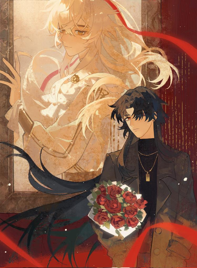 this is a digital illustration of two anime characters.  one is a young woman with blonde hair, in a white and gold outfit. she is framed in a picture, with a red ribbon wrapped around it. the other is a young man with long black hair, holding a bouquet of red roses and looking sadly at the framed picture of the woman. the background is a warm red.  the image is filled with symbolism of love, grief, and the longing for a lost one.