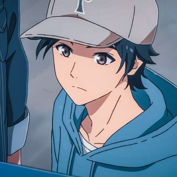 a closeup illustration of an anime boy with dark hair and brown eyes. he wears a grey baseball cap and a blue hoodie. his expression is serious and slightly melancholic, suggesting a thoughtful or introspective mood. the background is a muted blue, further emphasizing the character's subdued demeanor.