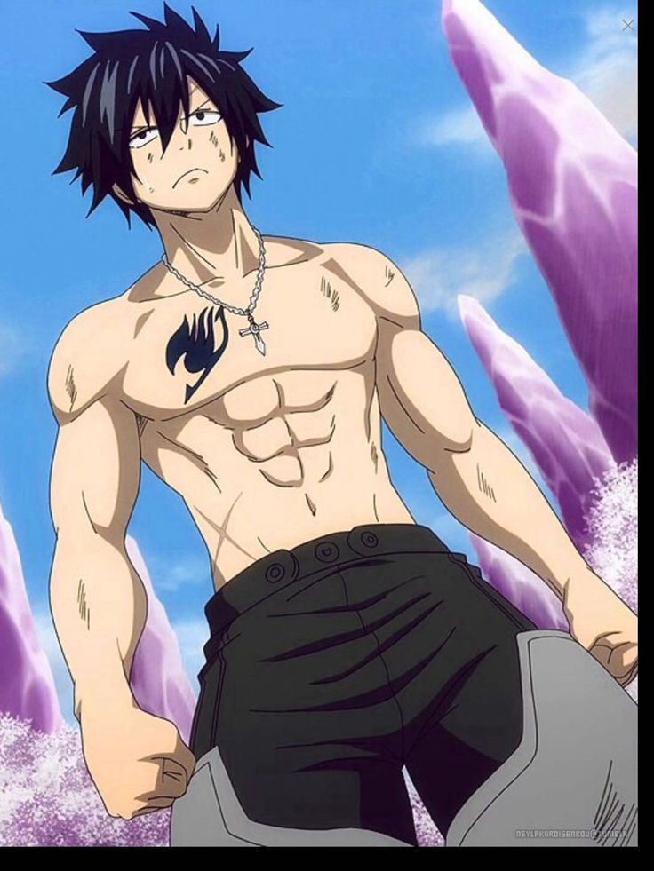 this is an image of the anime character gray fullbuster from the fairy tail series. gray is shirtless, showing off his muscular physique. he's standing in a serious pose, with his black pants and a determined expression on his face. the background features purple rocks and a blue sky.
