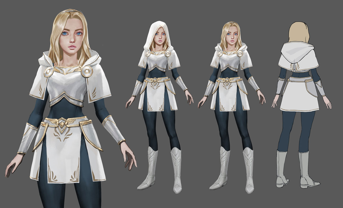 this digital illustration depicts a female anime character in a warrior outfit. she is wearing a white and gold armor with a blue undershirt and leggings. the character is shown from three different perspectives: front, side, and back. she has long blonde hair, blue eyes, and a sword strapped to her waist. she is wearing white boots with gold accents.  the overall style of the illustration is dynamic and expressive, capturing the character's confident and powerful demeanor.  the art style is rendered in a realistic and detailed fashion.