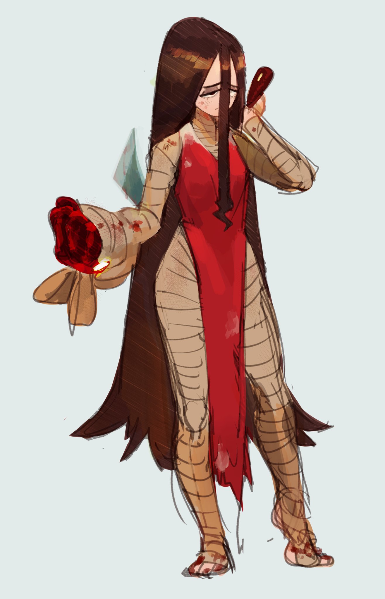 a digital art illustration of a woman anime character. she has long brown hair, red dress and bandaged limbs. she is covered in blood and has a serious expression. she is standing with one hand on her hip and holding a knife in the other.