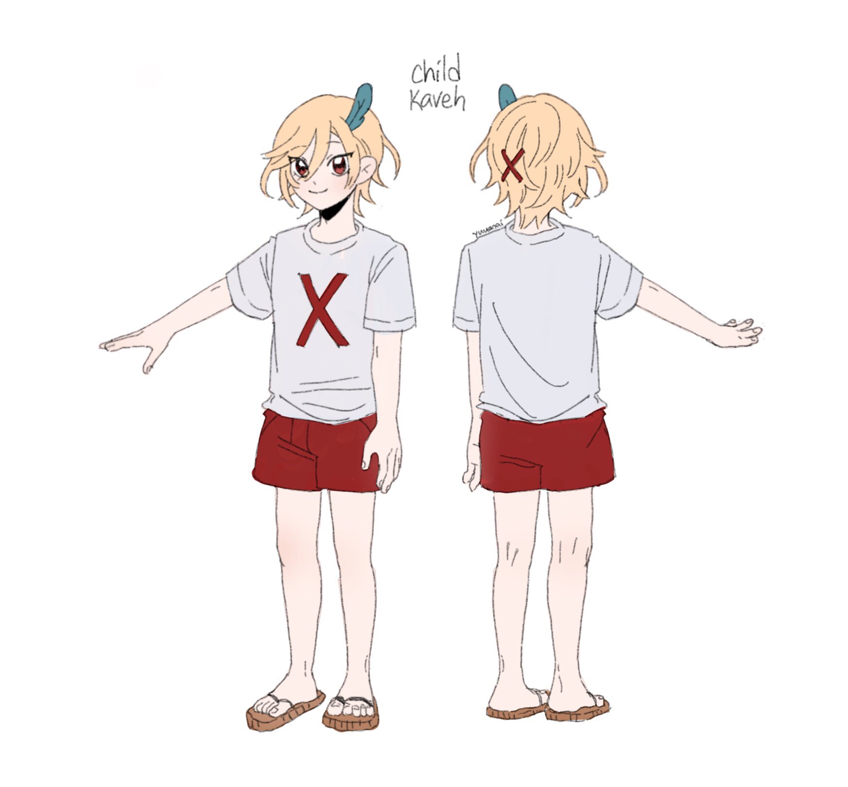 this is a drawing of a child version of the genshin impact character, kaveh, in a white tshirt with a red x on it and red shorts. it is a front and back illustration with the character's name and "child kaveh" labeled above the character.