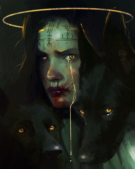 the image portrays a woman with a solemn expression, her face marked with blood and strange symbols. a single golden tear rolls down her cheek. she is surrounded by two dark wolves, their eyes reflecting the same golden light. the woman wears a golden halo, creating a stark contrast against the dark background. the overall mood is one of mystery and sorrow, hinting at a deeper story.