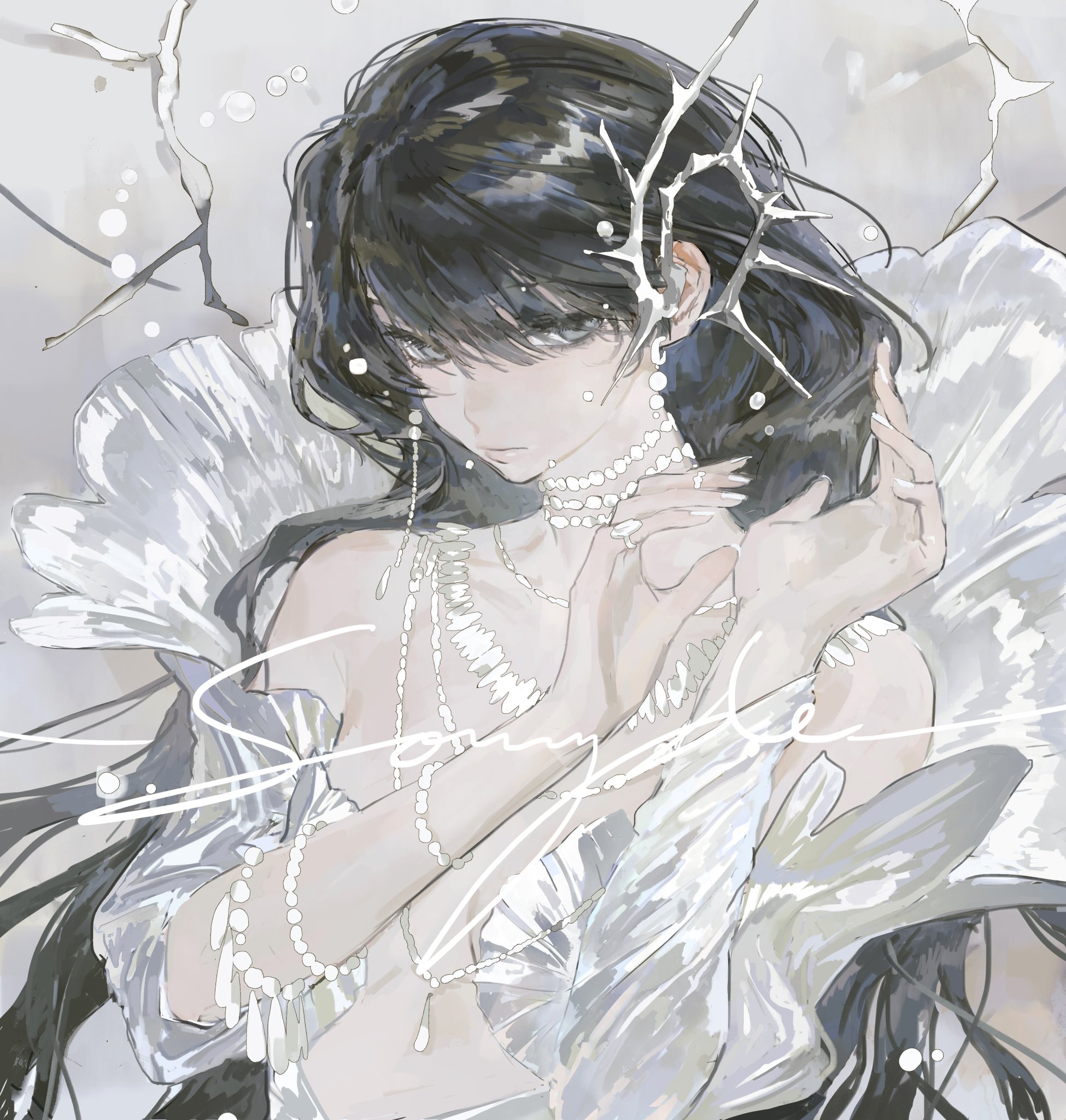 the image is a digital painting or illustration of a young woman, styled in the anime aesthetic.  she possesses long, dark hair and is adorned with numerous pearl necklaces and other delicate jewelry. a unique, spiky, silver crownlike adornment is nestled in her hair.  she is wearing a flowing, white, almost translucent dress which seems to blend with the background. the background hints at an underwater or ethereal setting, with soft bubbles and indistinct forms suggesting water or mist. the overall style is soft, dreamy, and romantic, with a focus on delicate lines and muted pastel tones of grey and white. the woman's pose is graceful and selfcontained, conveying a sense of serenity and quiet beauty. the artist's signature is subtly present within the image.