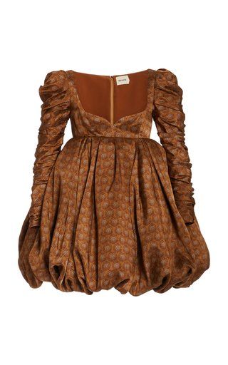 a brown dress with long sleeves, a patterned fabric, a short puffy skirt, an empire waist, and a square neckline is displayed on a white background.