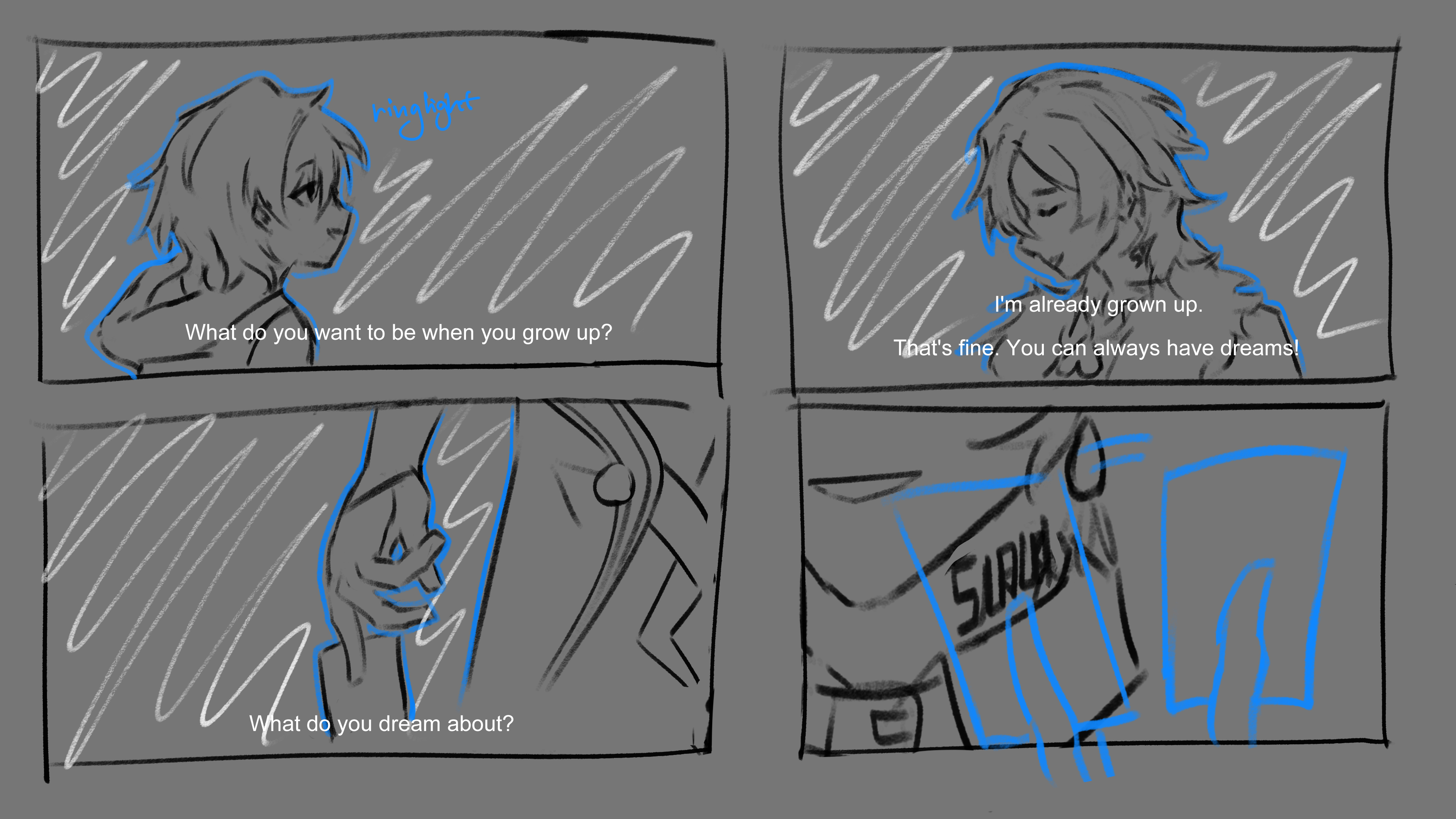 the image is a fourpanel comic strip. the first panel shows a character looking towards another character, asking "what do you want to be when you grow up?". the second panel shows the other character responding, "i'm already grown up. that's fine. you can always have dreams!". the third panel zooms in on a hand and part of a jacket, while the dialogue reads "what do you dream about?". the fourth panel shows the lower half of a character's shirt with the word "surla" (potentially a distorted "sirius") printed on it, and a pair of pants.