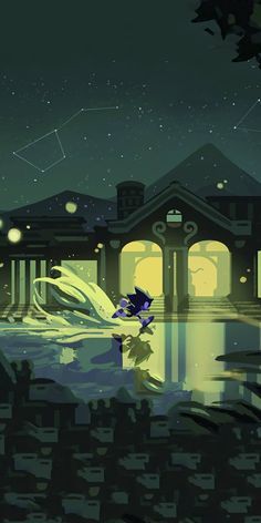 the image depicts a silhouetted figure, resembling sonic the hedgehog, standing at the edge of a reflecting pool in front of a grand, ancientlooking building. the figure has long, flowing hair that seems to glow with an ethereal light, casting a reflection on the water's surface. the building, possibly a temple or palace, features classical architecture with columns and arches, partially overgrown with foliage. the overall atmosphere is mysterious and serene, bathed in the soft glow of an unseen light source and the starry night sky.