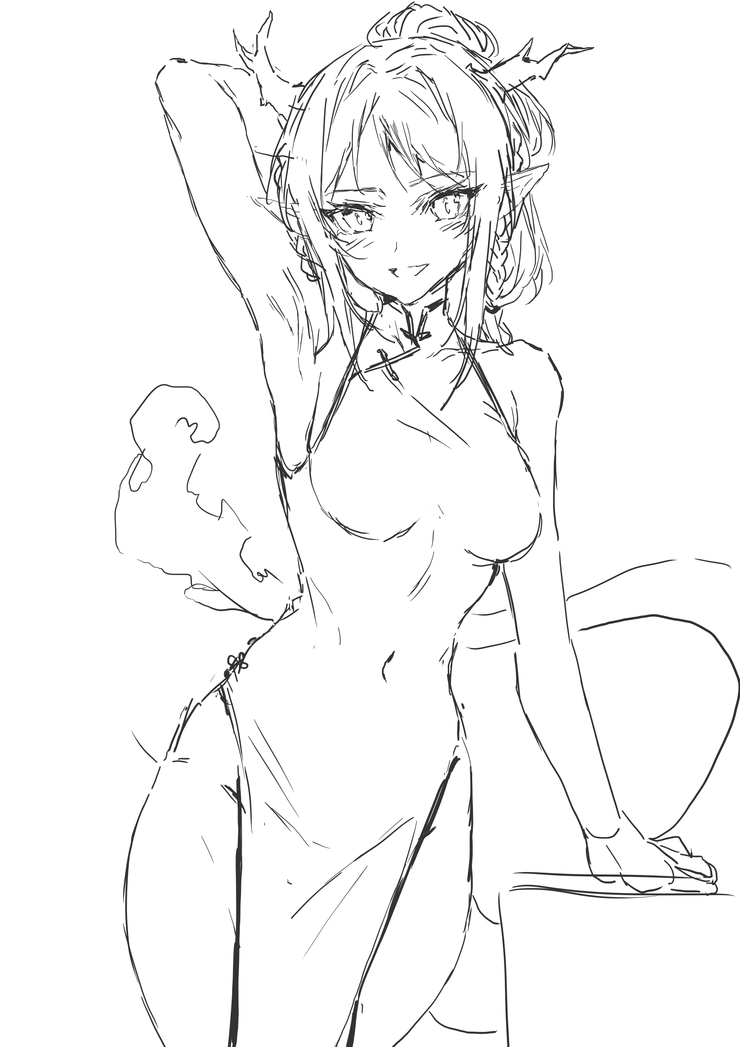 a sketch of an animestyle woman in a cheongsam. she has horns and a confident, slightly seductive pose. the style is loose and sketchy, with emphasis on lines and curves. the woman's figure is prominent, and the overall impression is one of elegance and allure.  the background is plain white, focusing all attention on the figure.
