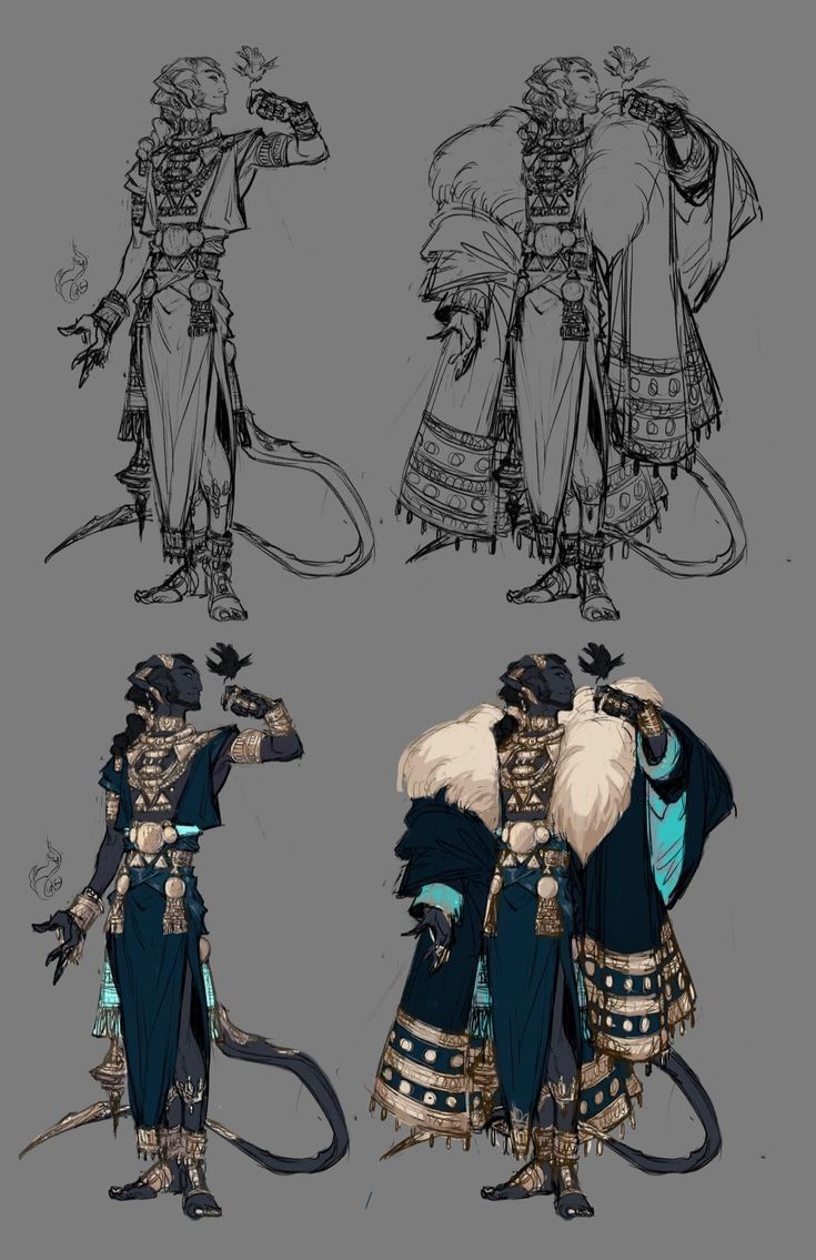 the image presents four stages of a character design process.  the top row shows initial sketches in grayscale, demonstrating the character's pose and basic clothing details.  the bottom row showcases a colored version of the design, fleshing out the details.  two versions are presented—one with a more simple outfit and one in a longer, more elaborate robe with fur detailing and gold embroidery. the character appears to be humanoid with felinelike features, wearing clothing that suggests a tribal or fantasy cultural influence. the style is elegant yet has a sense of fantasy worldbuilding.  the sketches indicate that much consideration was put into the detail of the character's outfit, showing the creative process.