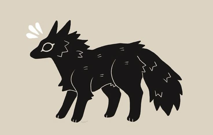 an illustration of a black cartoon wolf with pointy ears standing against a beige background. three white lines radiate upward from the wolf's head. the wolf has white zigzag patterns on its back and tail.