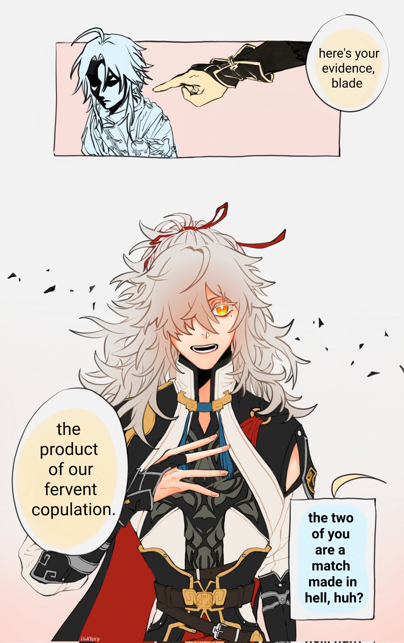 this image is a comic panel depicting an anime character. the character is a young man with white hair and red eyes, wearing black and red clothing. he is pointing at another character with a smug expression. the text in the dialogue bubbles suggests that the character is either proud of himself or amused by another character's reaction. the background of the image is light pink and white.