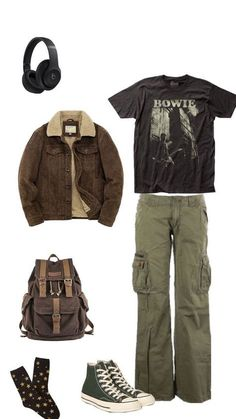 a man's casual outfit. the outfit includes a brown leather jacket, a black tshirt with a graphic print, green cargo pants, black headphones, a brown backpack and green and black converse sneakers.